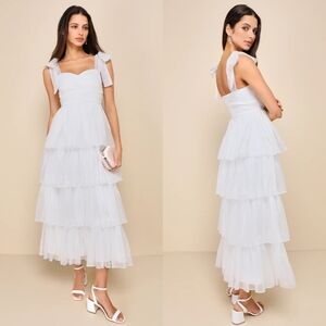 Lulus Radiant Arrival Shiny White Organza Tiered Tie-Strap Maxi Dress S Wedding